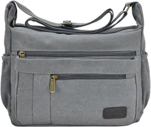 Light Weight Canvas Shoulder Bag for Women Messenger Handbags Cross Body Multi Zipper Pockets Bag