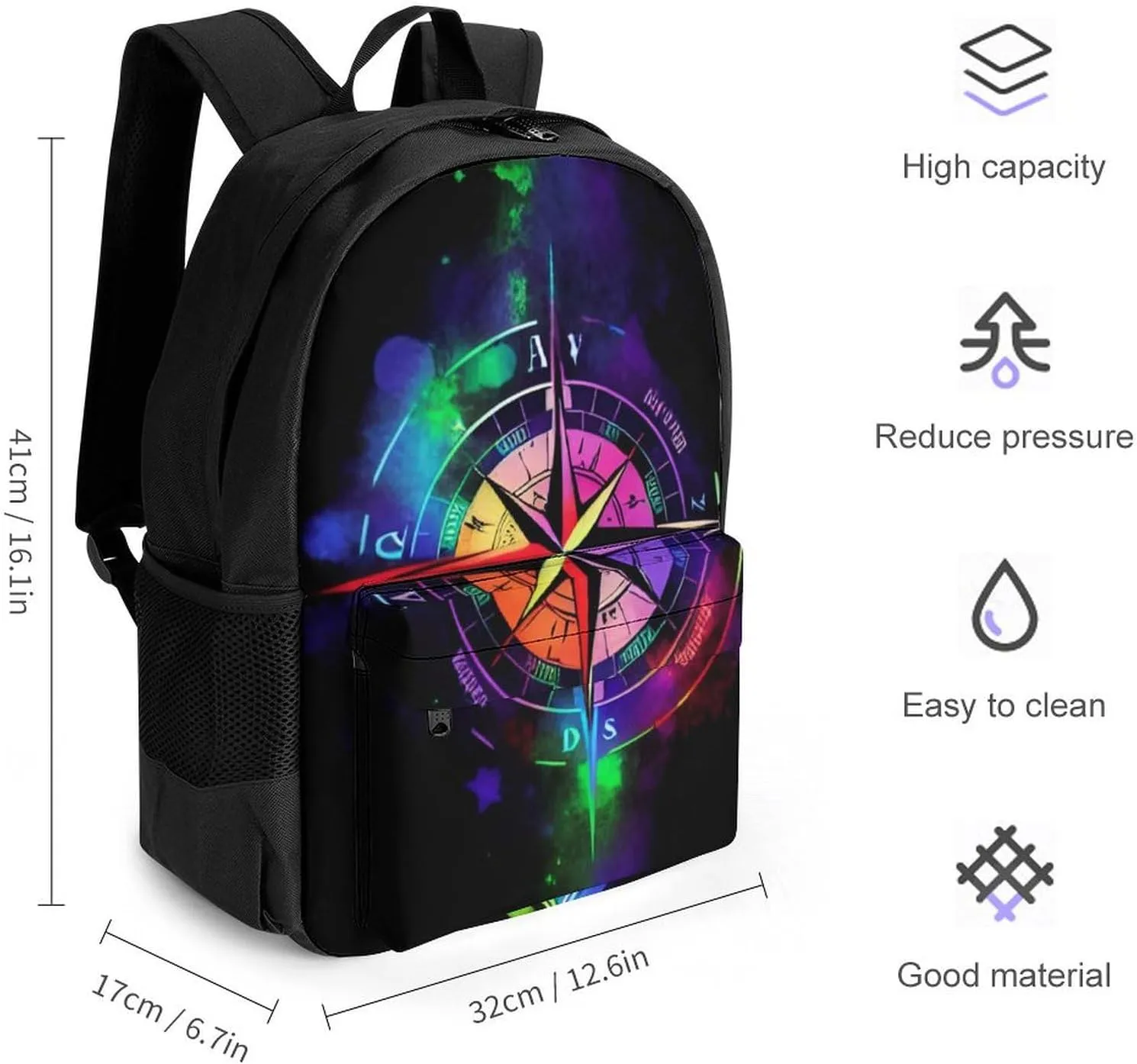 Lightweight Rucksack for Sports Travel Running - Big Capacity Multipurpose Anti-Theft Bookbag, Colorful Compass Arrow Art Travel and Sport Backpack Rucksack
