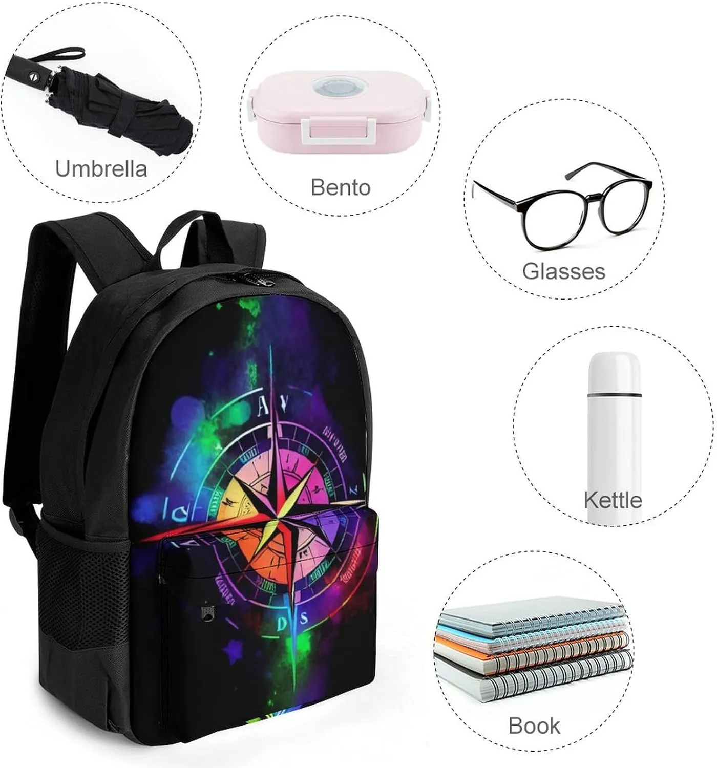 Lightweight Rucksack for Sports Travel Running - Big Capacity Multipurpose Anti-Theft Bookbag, Colorful Compass Arrow Art Travel and Sport Backpack Rucksack
