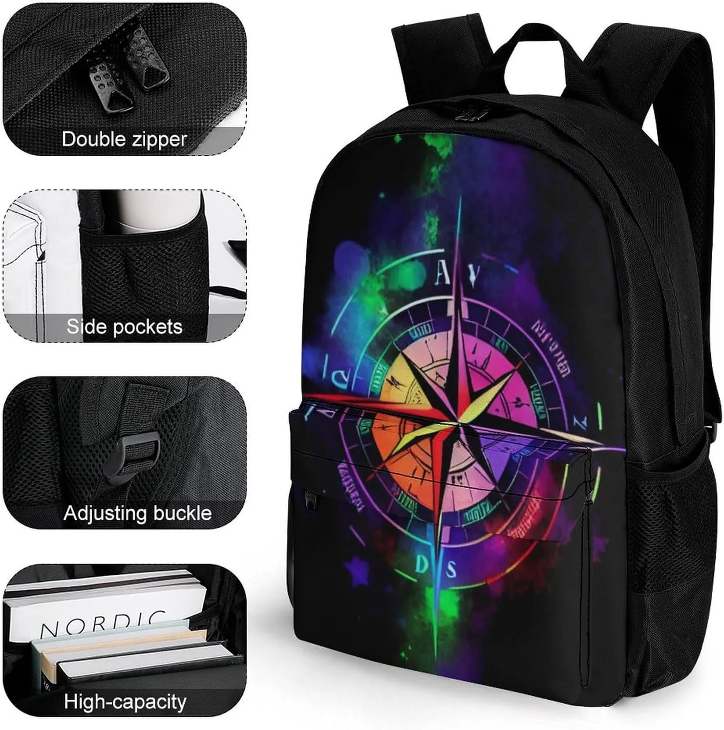 Lightweight Rucksack for Sports Travel Running - Big Capacity Multipurpose Anti-Theft Bookbag, Colorful Compass Arrow Art Travel and Sport Backpack Rucksack