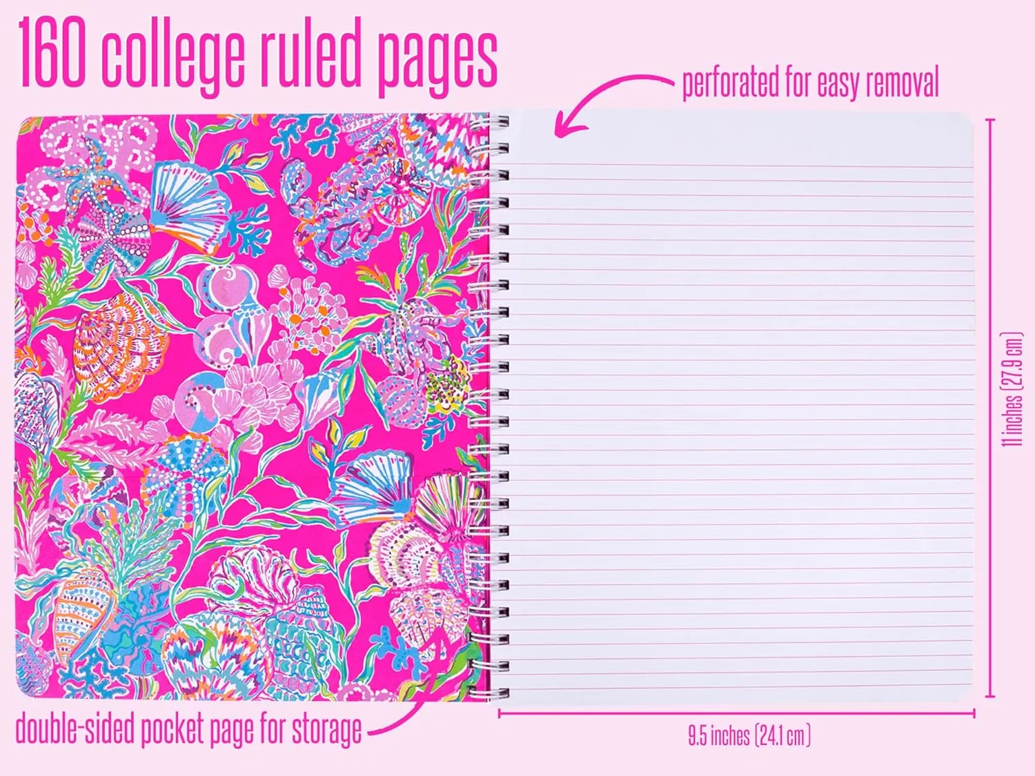 Lilly Pulitzer Large Pink Hardcover Spiral Notebook, 11" x 9.5" with 160 College Ruled Pages, Shell Me Something Good