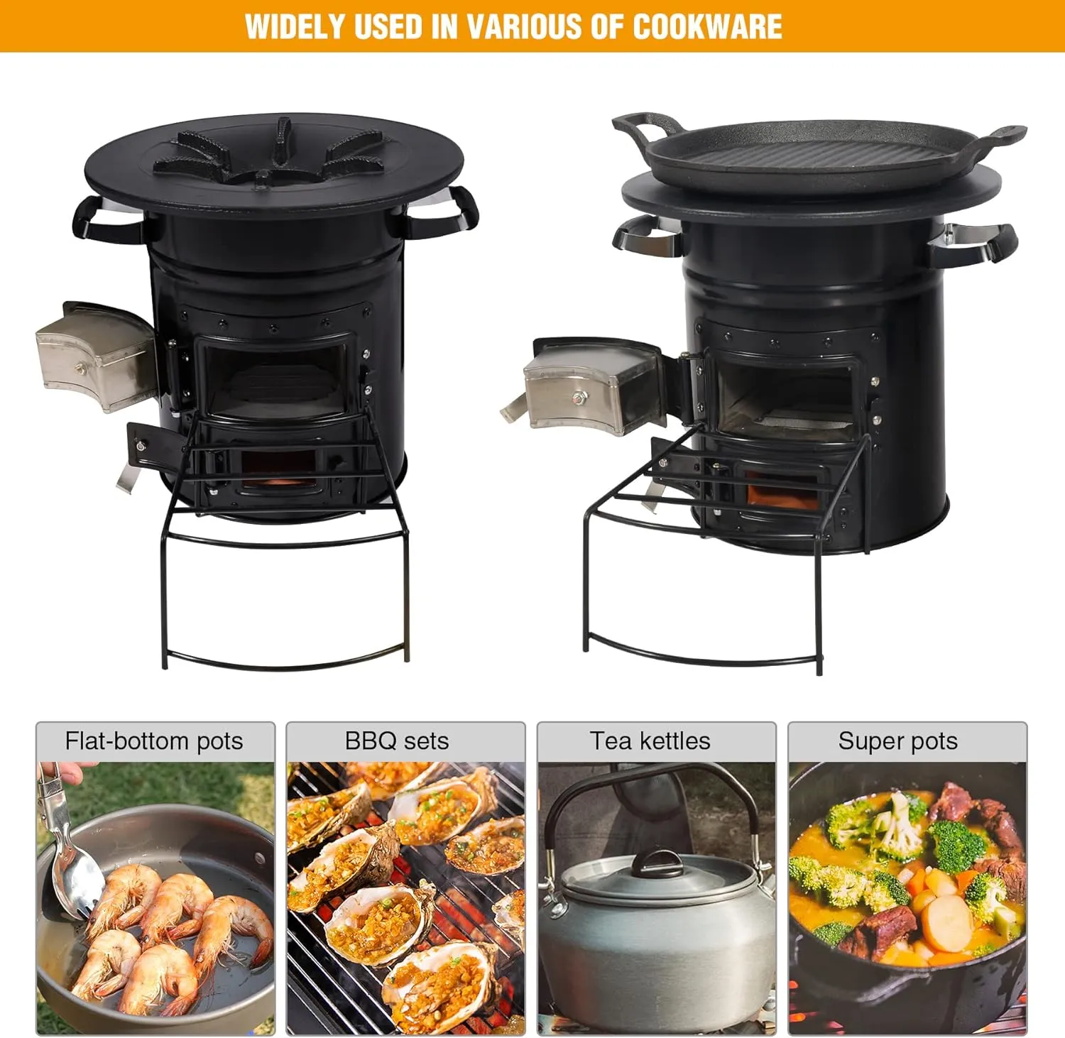 Lineslife Rocket Stove Wood Burning Portable and Grill Pan, Charcoal Camping Stove with Handle and Carry Bag for Outdoor Cooking, Backpacking, RV, Survival, Black 12.6" Stove Top with Two Doors