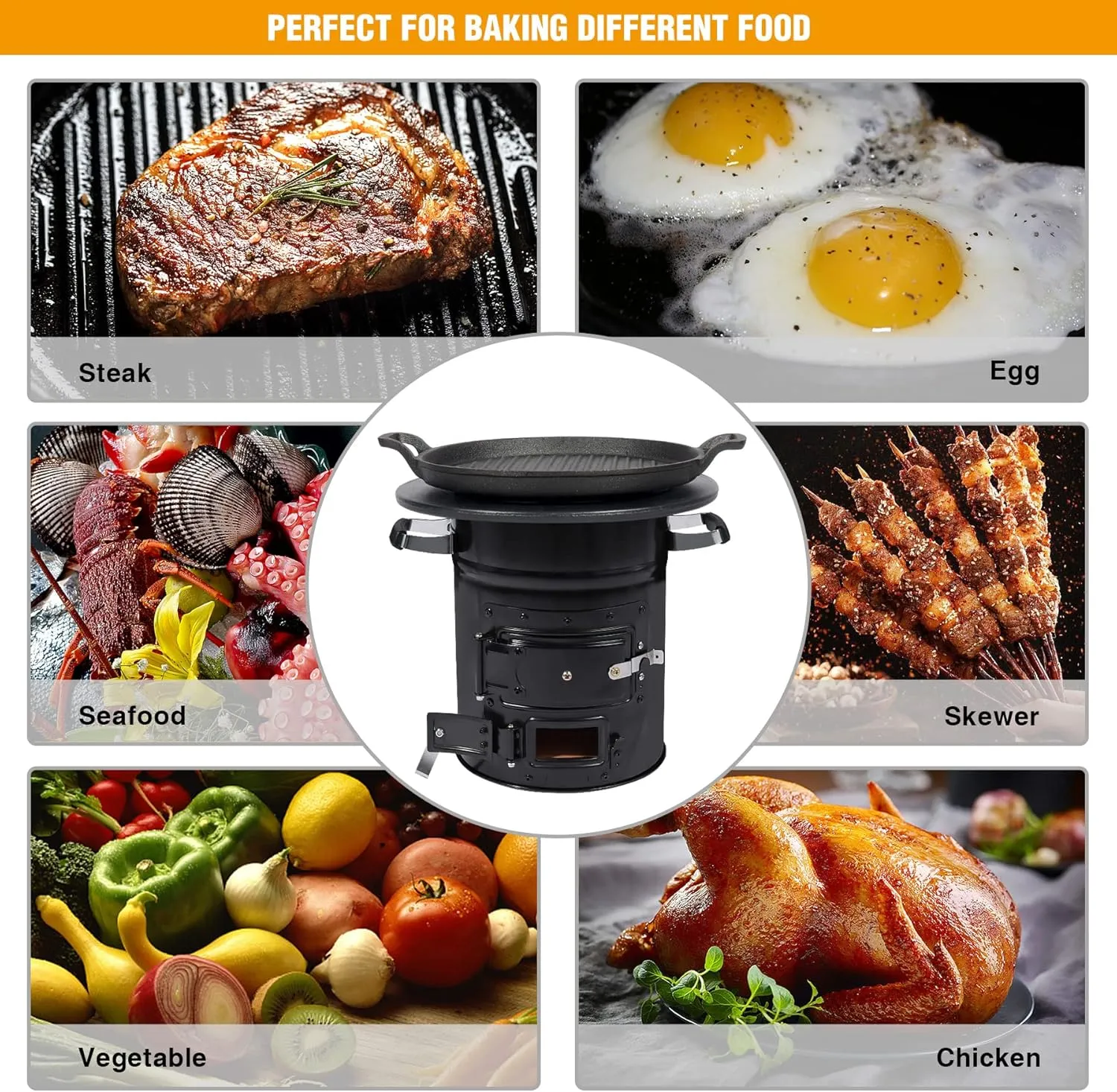 Lineslife Rocket Stove Wood Burning Portable and Grill Pan, Charcoal Camping Stove with Handle and Carry Bag for Outdoor Cooking, Backpacking, RV, Survival, Black 12.6" Stove Top with Two Doors