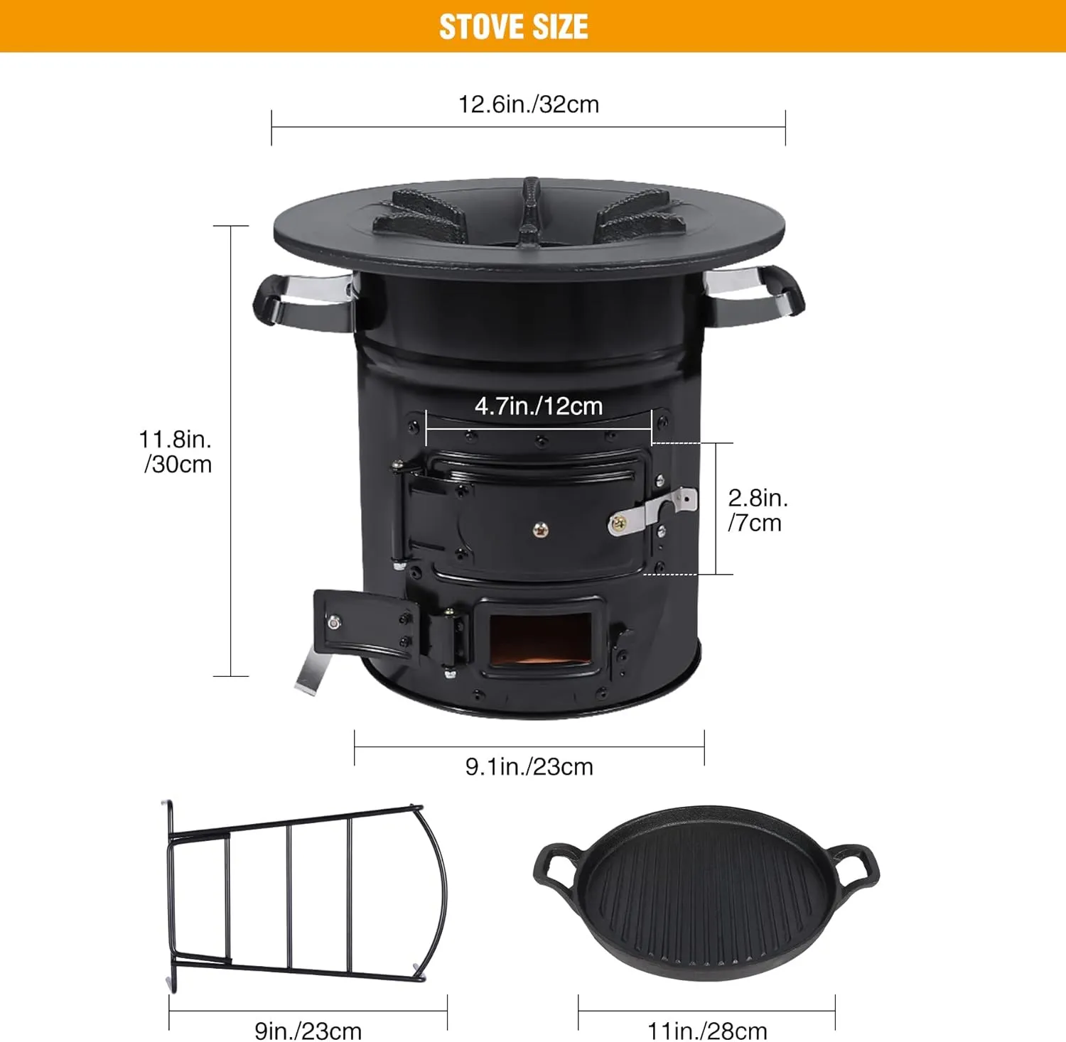 Lineslife Rocket Stove Wood Burning Portable and Grill Pan, Charcoal Camping Stove with Handle and Carry Bag for Outdoor Cooking, Backpacking, RV, Survival, Black 12.6" Stove Top with Two Doors