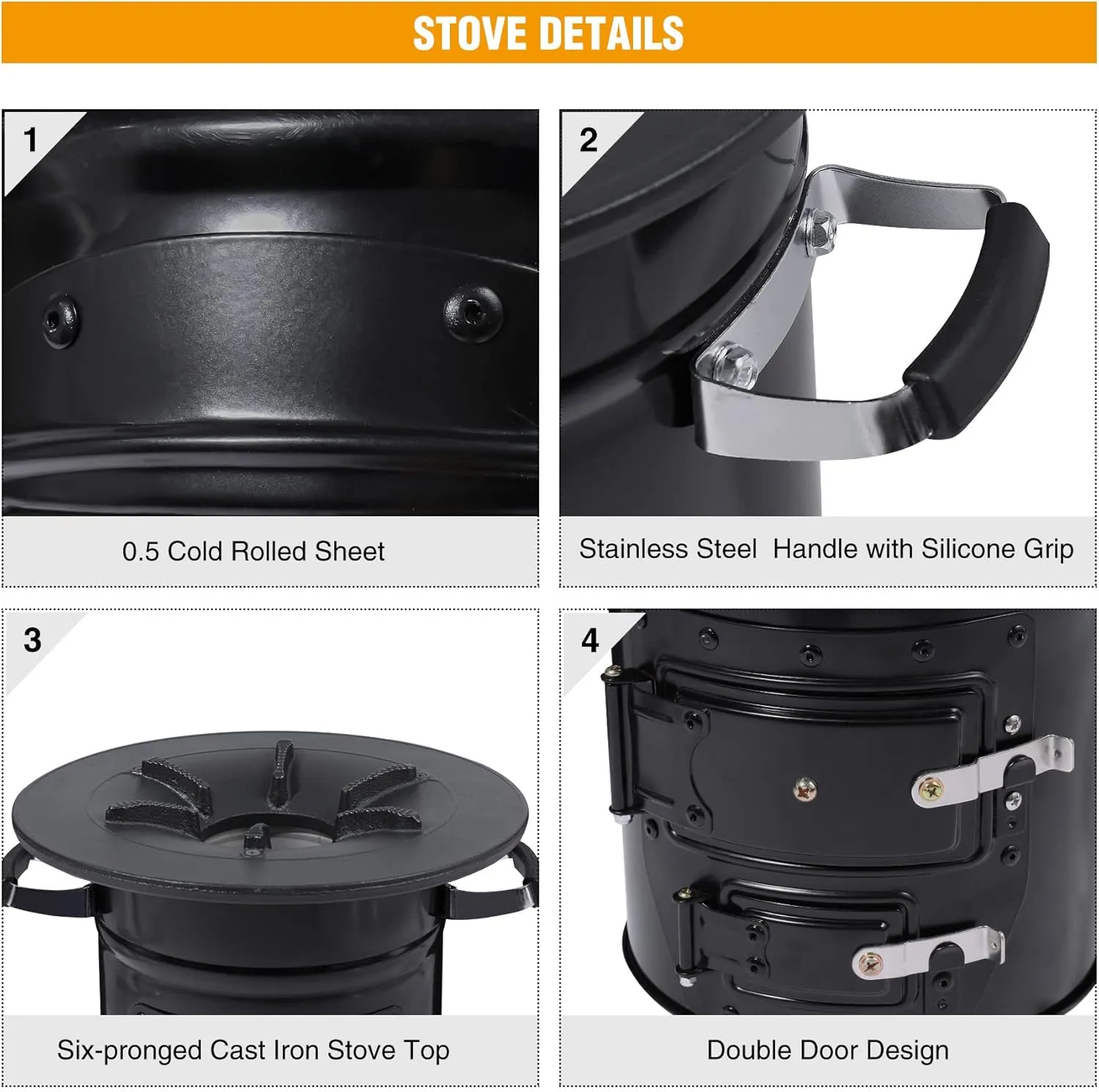 Lineslife Rocket Stove Wood Burning Portable and Grill Pan, Charcoal Camping Stove with Handle and Carry Bag for Outdoor Cooking, Backpacking, RV, Survival, Black 12.6" Stove Top with Two Doors