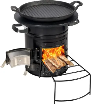 Lineslife Rocket Stove Wood Burning Portable and Grill Pan, Charcoal Camping Stove with Handle and Carry Bag for Outdoor Cooking, Backpacking, RV, Survival, Black 12.6" Stove Top with Two Doors