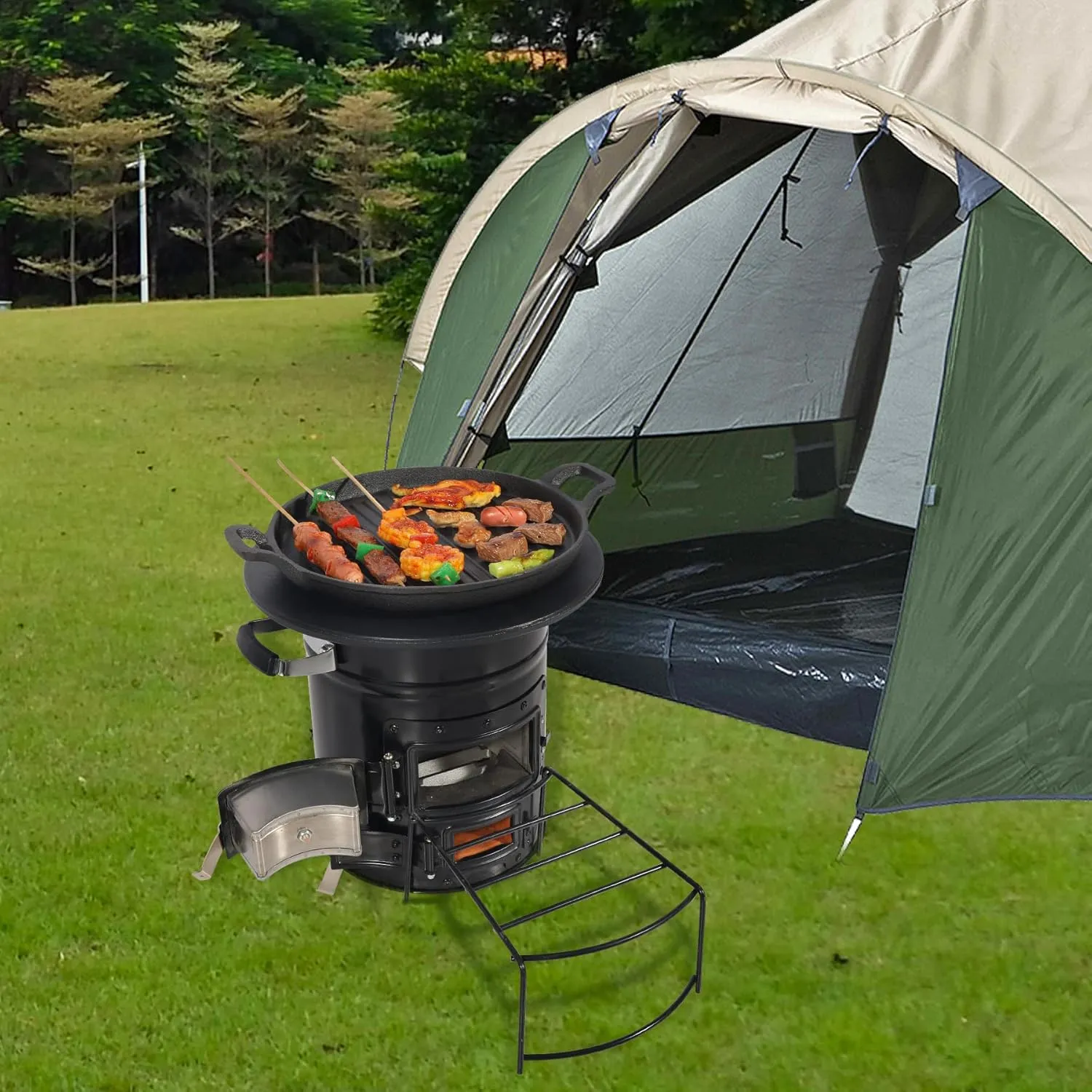 Lineslife Rocket Stove Wood Burning Portable and Grill Pan, Charcoal Camping Stove with Handle and Carry Bag for Outdoor Cooking, Backpacking, RV, Survival, Black 12.6" Stove Top with Two Doors