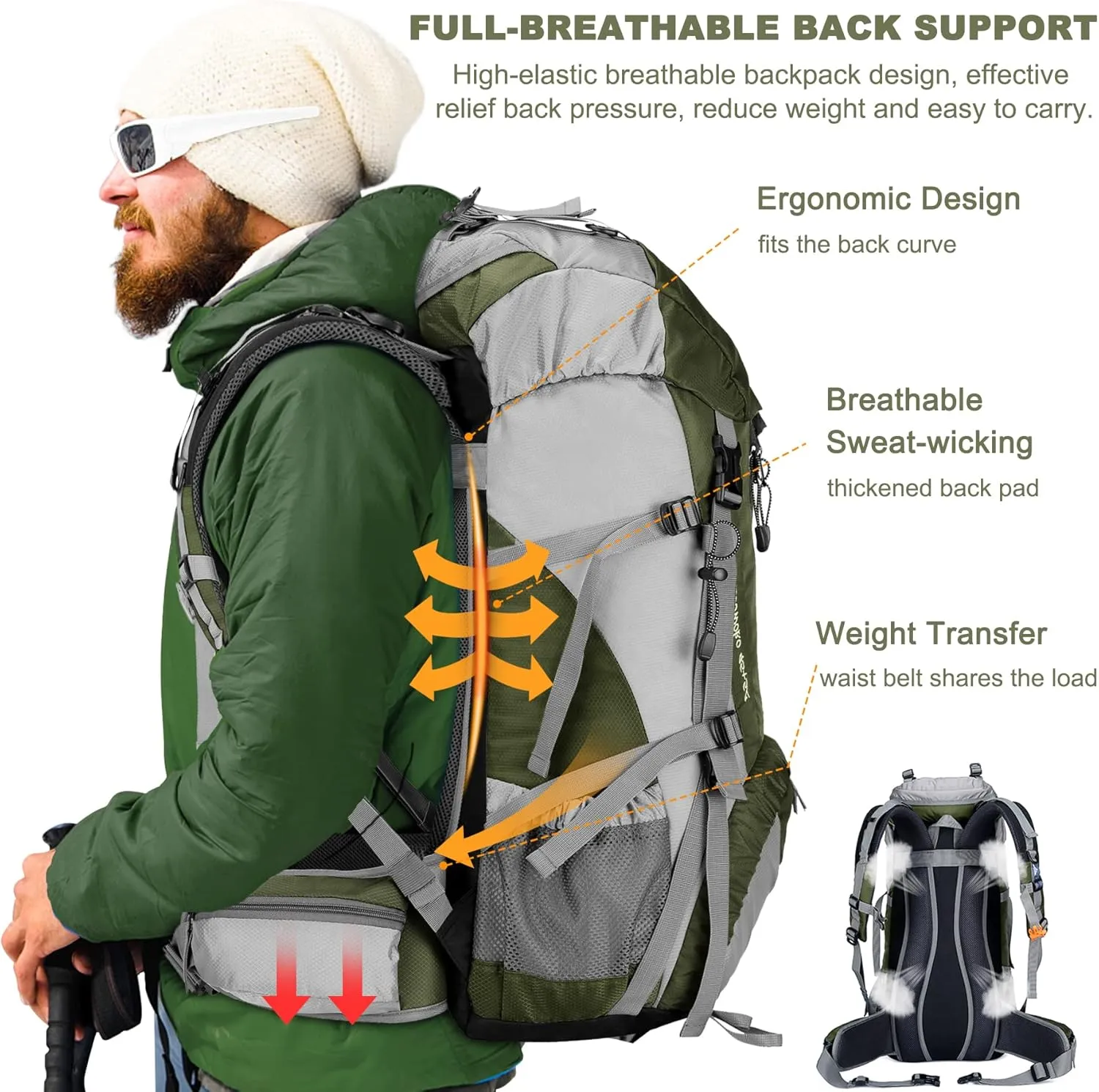 Loowoko 50L Hiking Backpack, Waterproof Camping Essentials Bag with Rain Cover, 45 5 Liter Lightweight Backpacking Back Pack