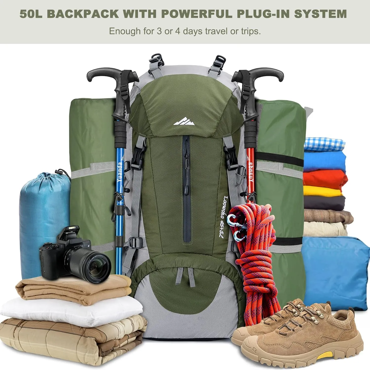 Loowoko 50L Hiking Backpack, Waterproof Camping Essentials Bag with Rain Cover, 45 5 Liter Lightweight Backpacking Back Pack