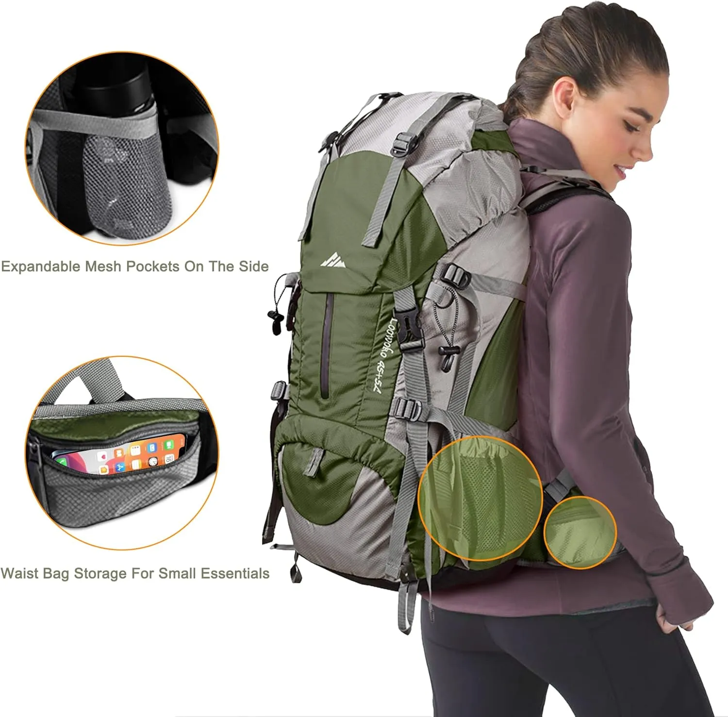 Loowoko 50L Hiking Backpack, Waterproof Camping Essentials Bag with Rain Cover, 45 5 Liter Lightweight Backpacking Back Pack