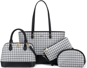 LOVEVOOK Handbags for Women 4pcs Purse Set Fashion Houndstooth Tote Shoulder Bag Top Handle Satchel