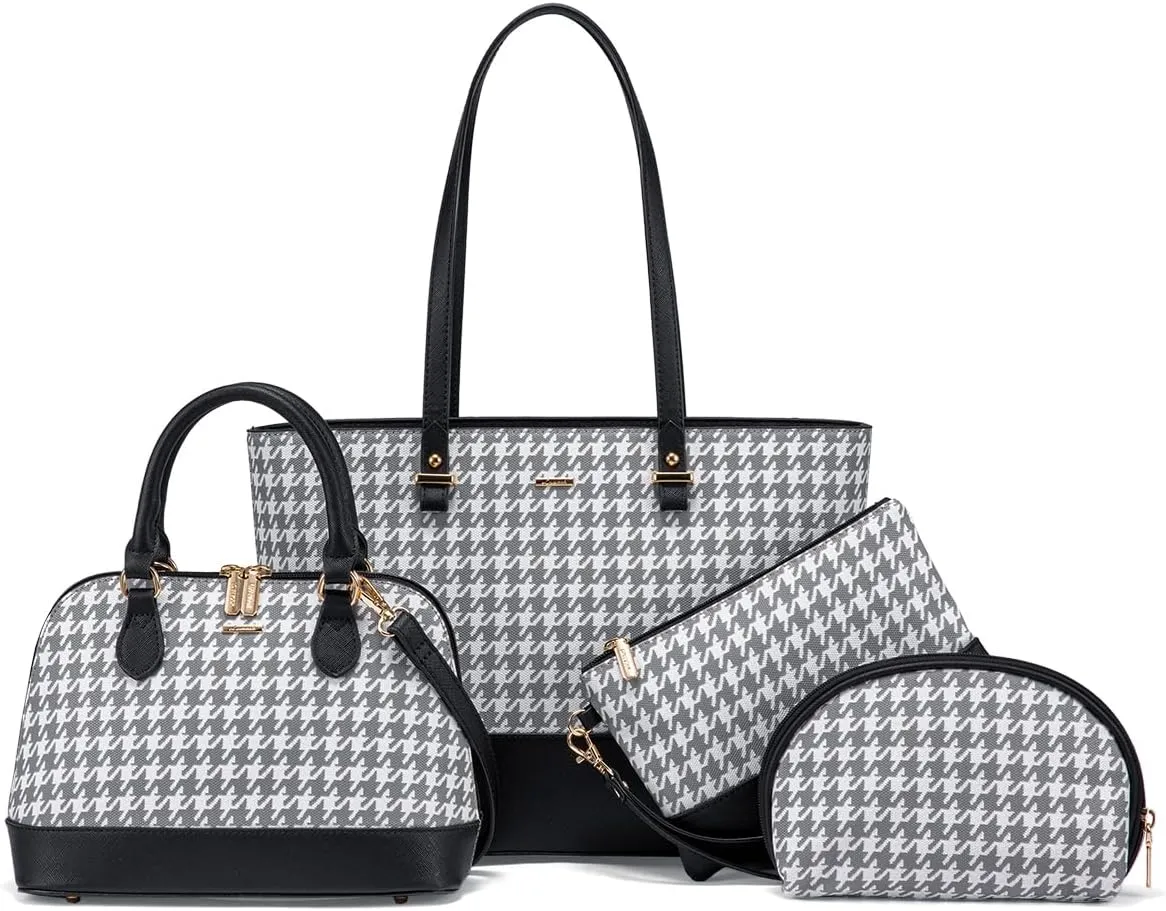 LOVEVOOK Handbags for Women 4pcs Purse Set Fashion Houndstooth Tote Shoulder Bag Top Handle Satchel