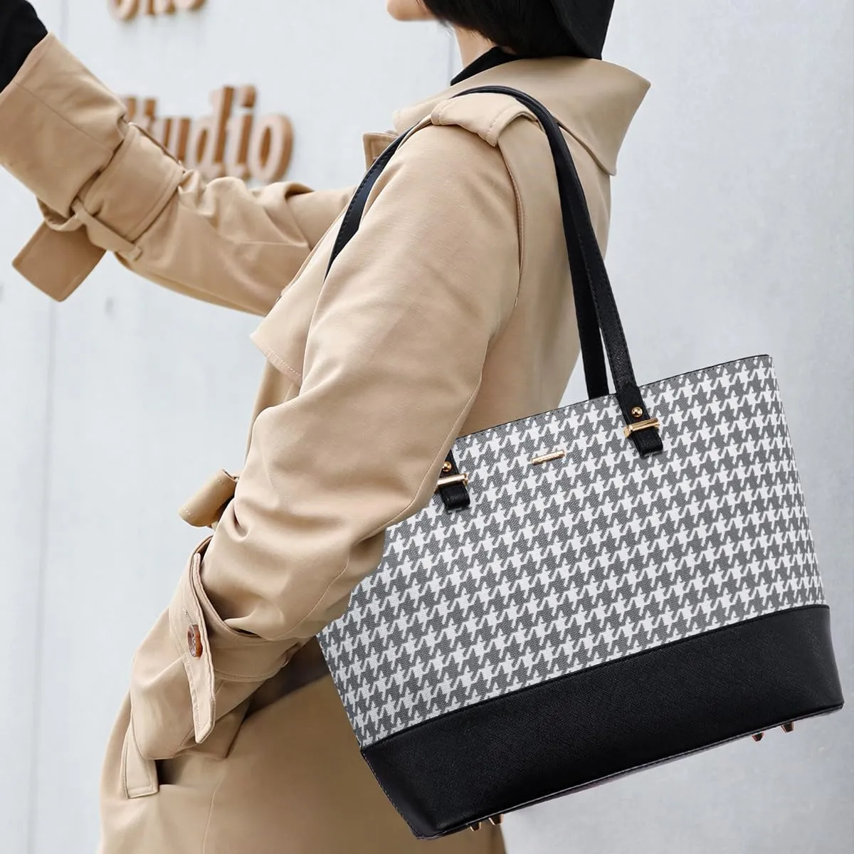 LOVEVOOK Handbags for Women 4pcs Purse Set Fashion Houndstooth Tote Shoulder Bag Top Handle Satchel