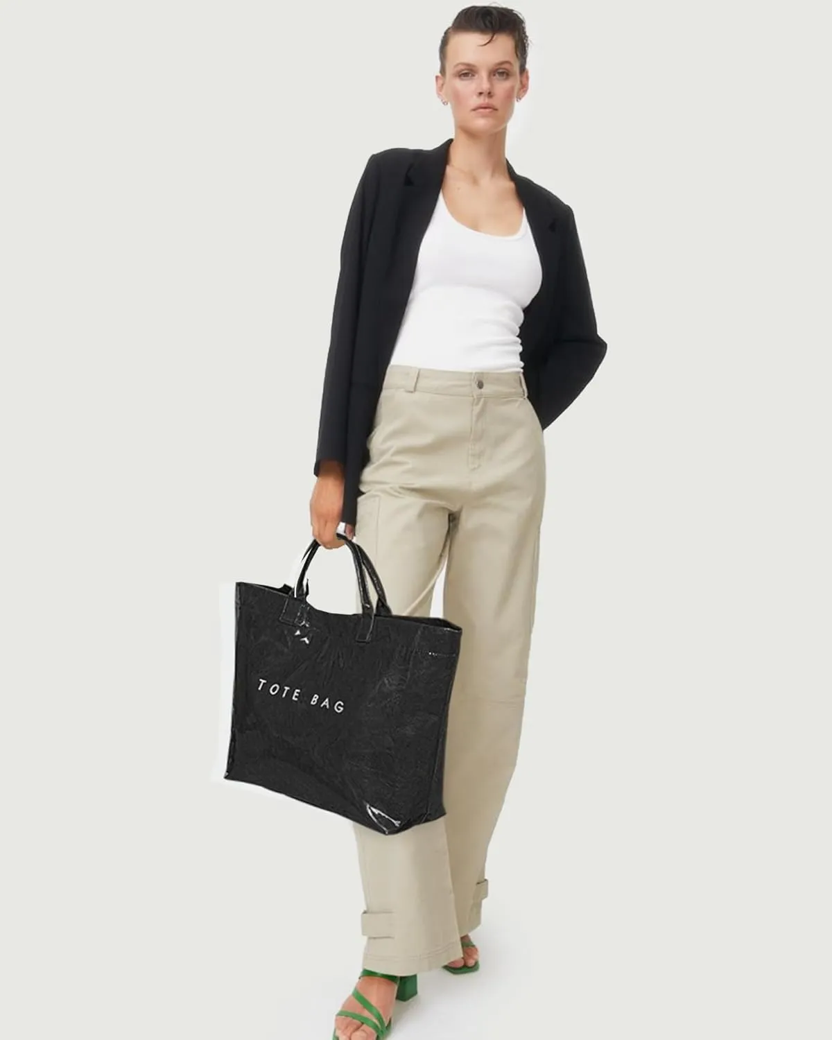 Lushandy PVC Tote Bag Women's Letters Print Large Kraft Paper Carry All Bag Top Handle Clear Hobo Handbag