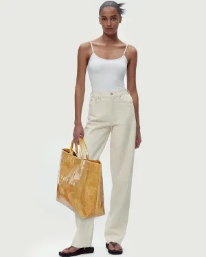 Lushandy PVC Tote Bag Women's Letters Print Large Kraft Paper Carry All Bag Top Handle Clear Hobo Handbag