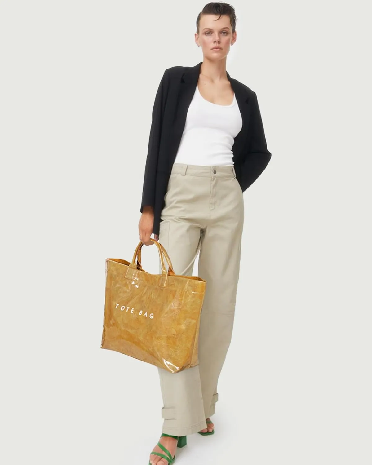Lushandy PVC Tote Bag Women's Letters Print Large Kraft Paper Carry All Bag Top Handle Clear Hobo Handbag