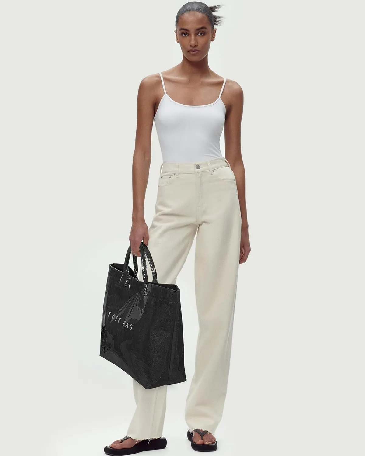 Lushandy PVC Tote Bag Women's Letters Print Large Kraft Paper Carry All Bag Top Handle Clear Hobo Handbag