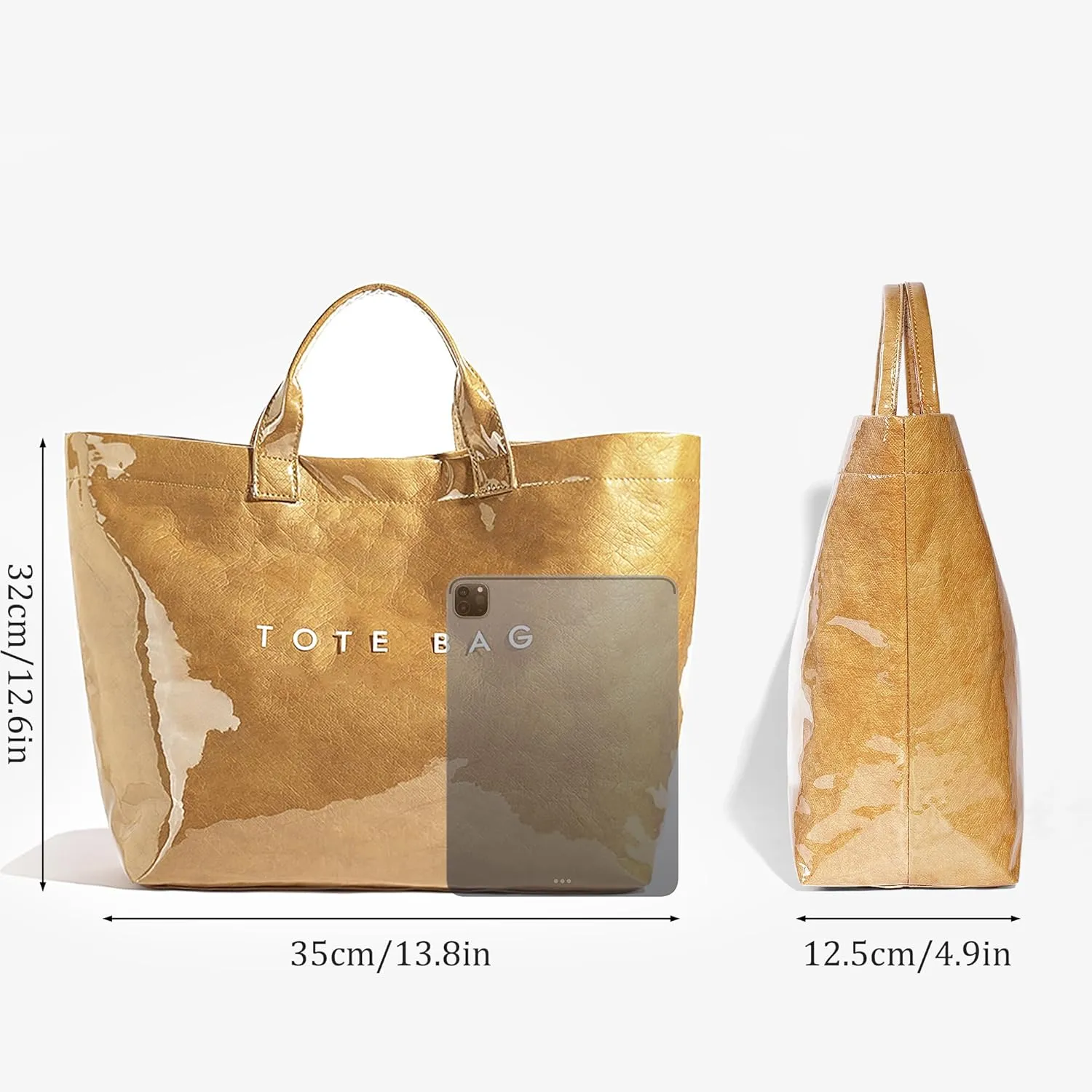 Lushandy PVC Tote Bag Women's Letters Print Large Kraft Paper Carry All Bag Top Handle Clear Hobo Handbag