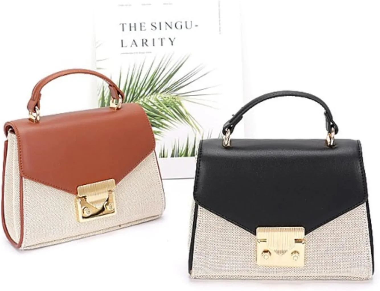 Luxury Vintage Top Handle Handbag for Women – Canvas Two Tone Crossbody Purse – Elegant Small Shoulder Bag with Gold Lock