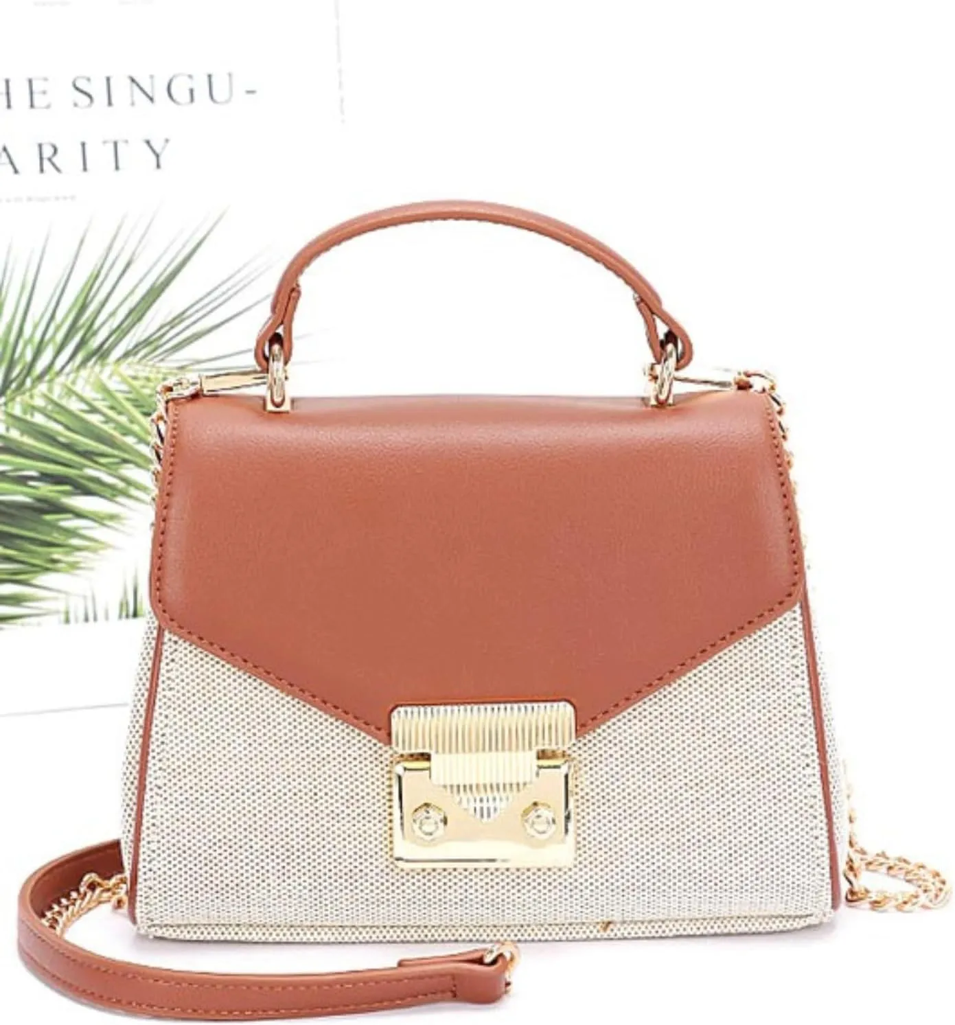 Luxury Vintage Top Handle Handbag for Women – Canvas Two Tone Crossbody Purse – Elegant Small Shoulder Bag with Gold Lock