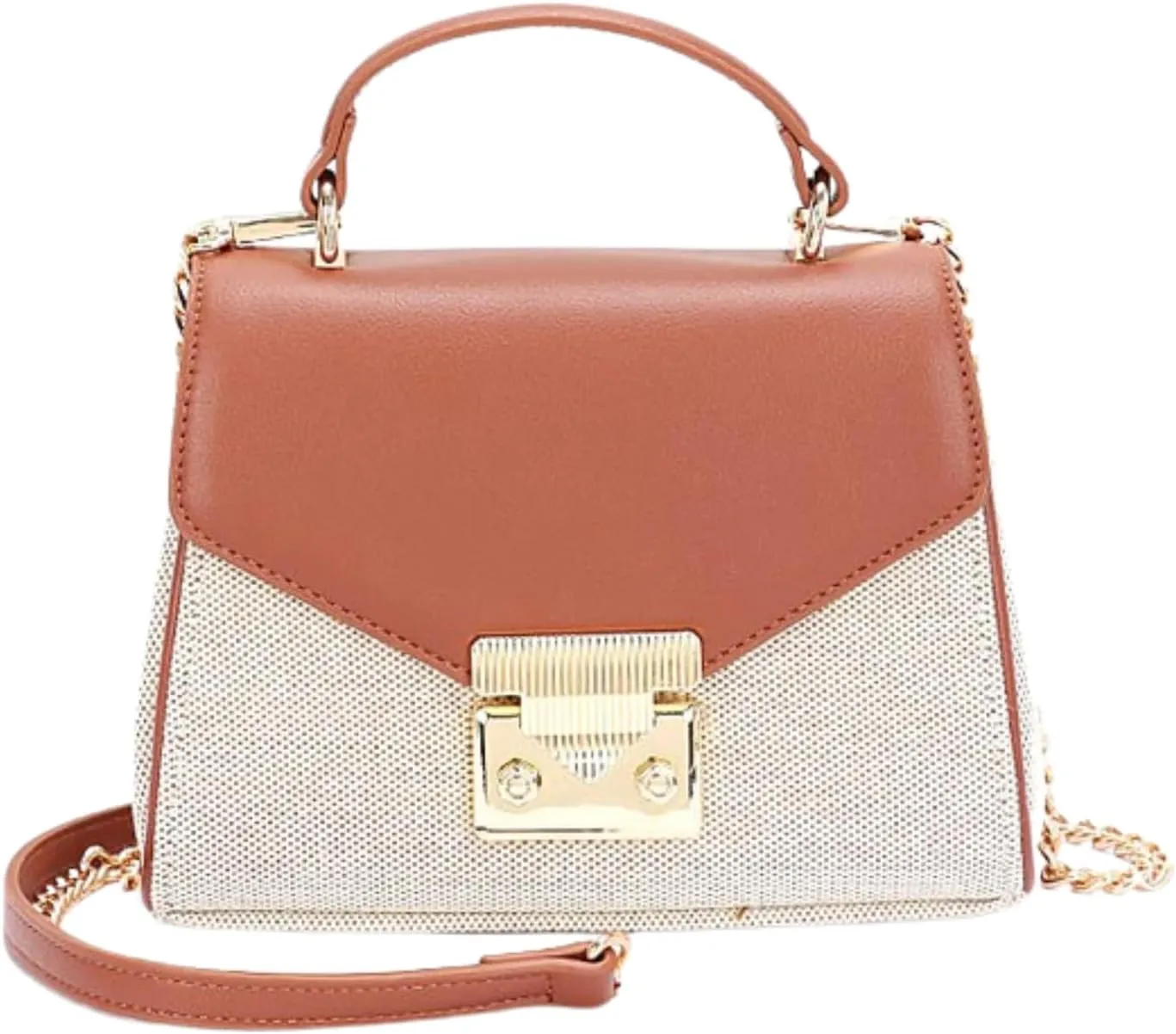 Luxury Vintage Top Handle Handbag for Women – Canvas Two Tone Crossbody Purse – Elegant Small Shoulder Bag with Gold Lock