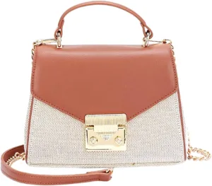 Luxury Vintage Top Handle Handbag for Women – Canvas Two Tone Crossbody Purse – Elegant Small Shoulder Bag with Gold Lock