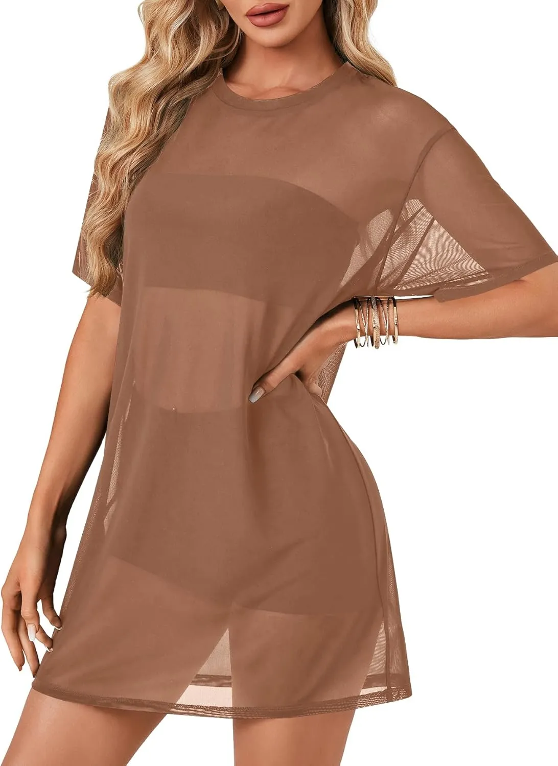 LYANER Women's Sheer Mesh Short Sleeve Cover Ups Round Neck See Through Sexy Blouse Shirt Top