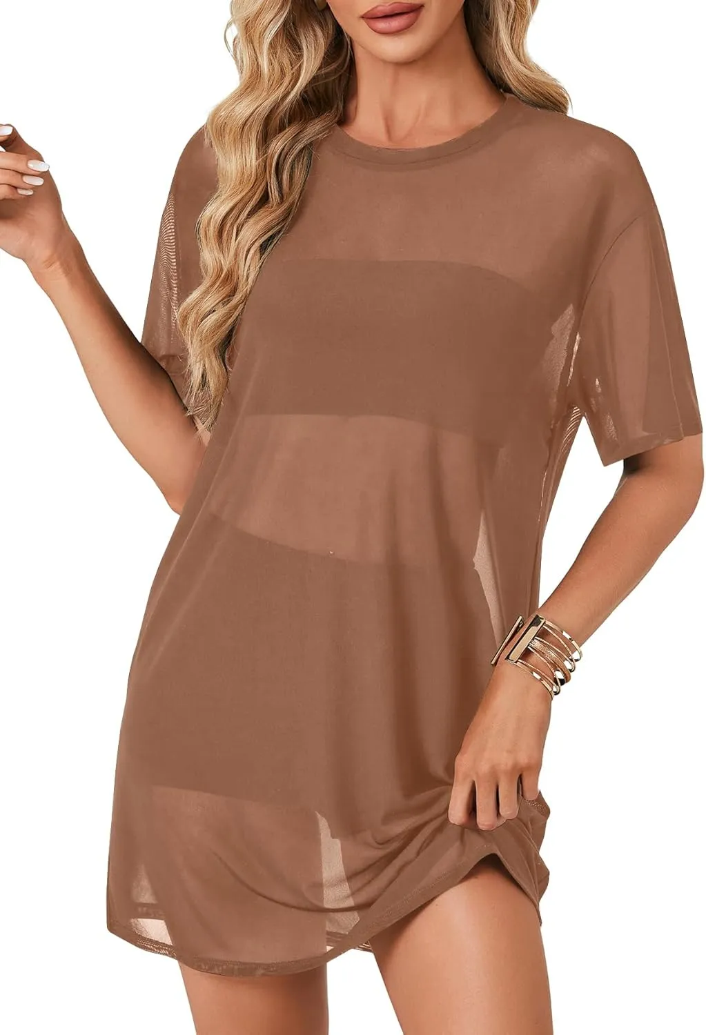LYANER Women's Sheer Mesh Short Sleeve Cover Ups Round Neck See Through Sexy Blouse Shirt Top
