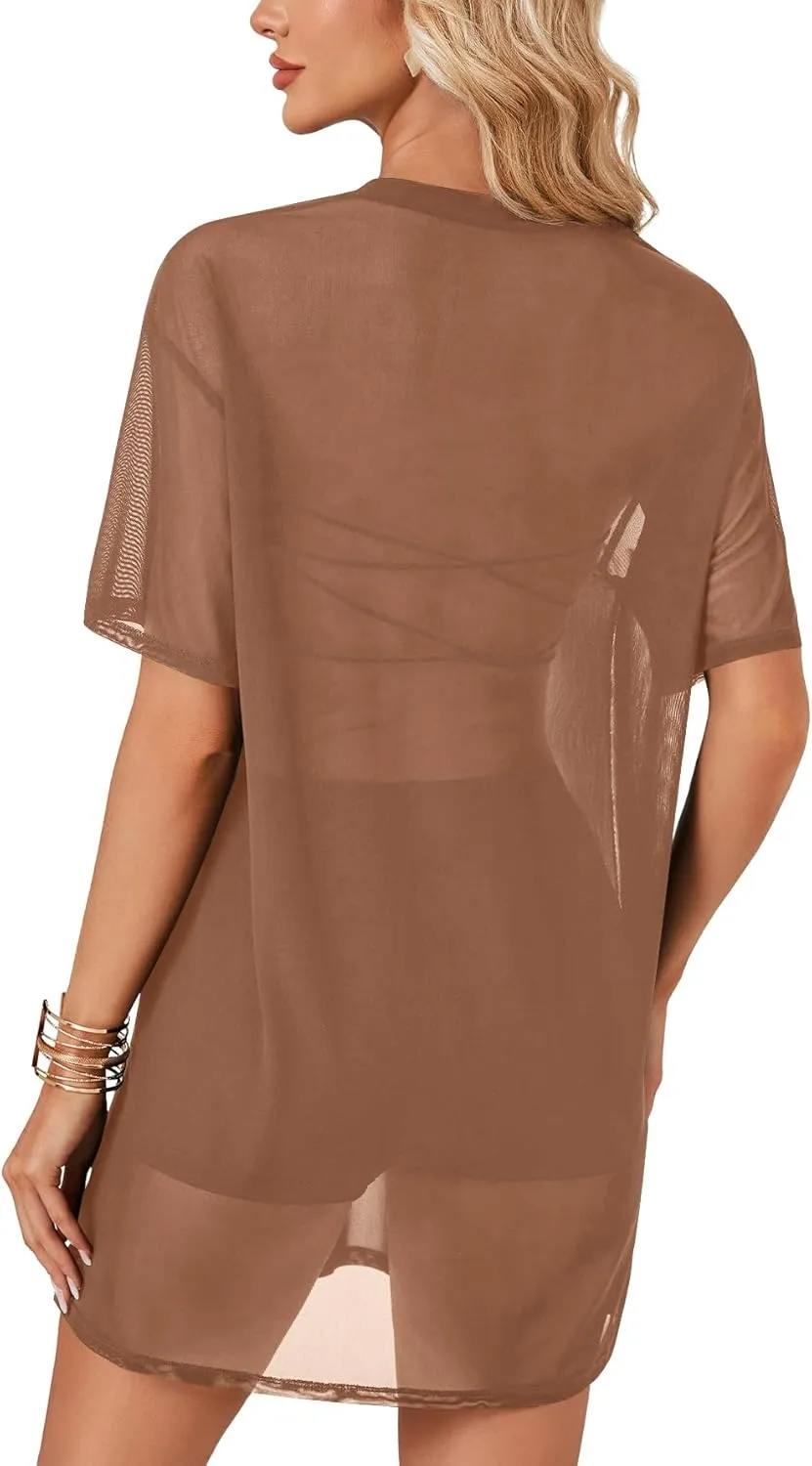 LYANER Women's Sheer Mesh Short Sleeve Cover Ups Round Neck See Through Sexy Blouse Shirt Top