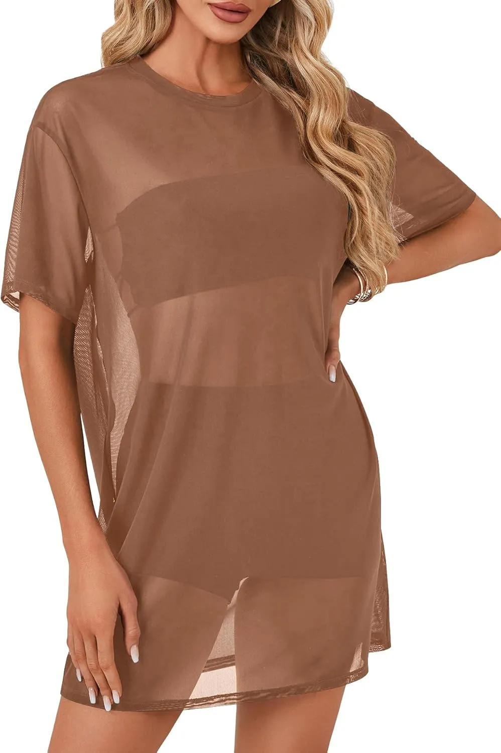LYANER Women's Sheer Mesh Short Sleeve Cover Ups Round Neck See Through Sexy Blouse Shirt Top