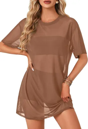 LYANER Women's Sheer Mesh Short Sleeve Cover Ups Round Neck See Through Sexy Blouse Shirt Top