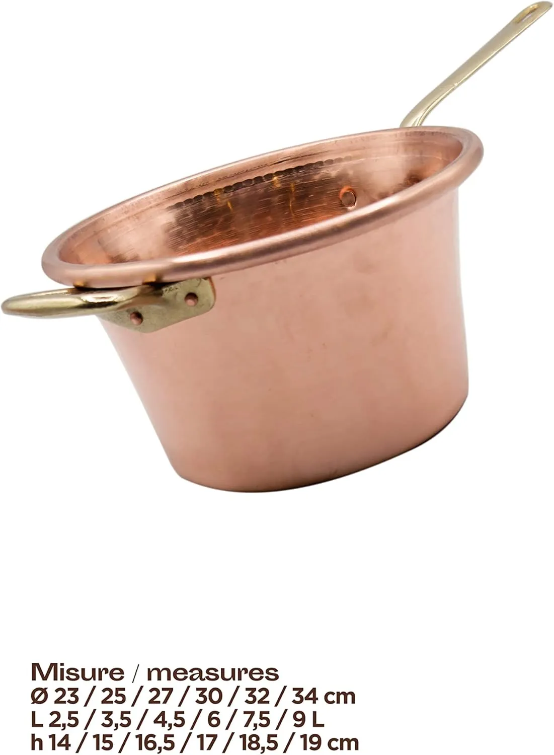 Made in Italy Copper Polenta Pot - 10.6 Inch, 4.8 Qt - Red With Brass Handle - Handmade Italian Cookware for 6 People - Hammered Finish