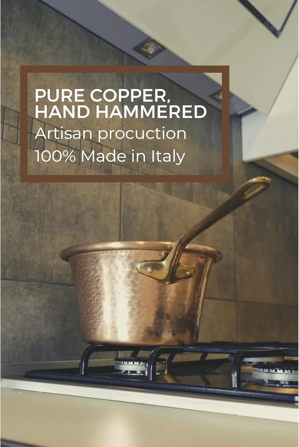 Made in Italy Copper Polenta Pot - 10.6 Inch, 4.8 Qt - Red With Brass Handle - Handmade Italian Cookware for 6 People - Hammered Finish