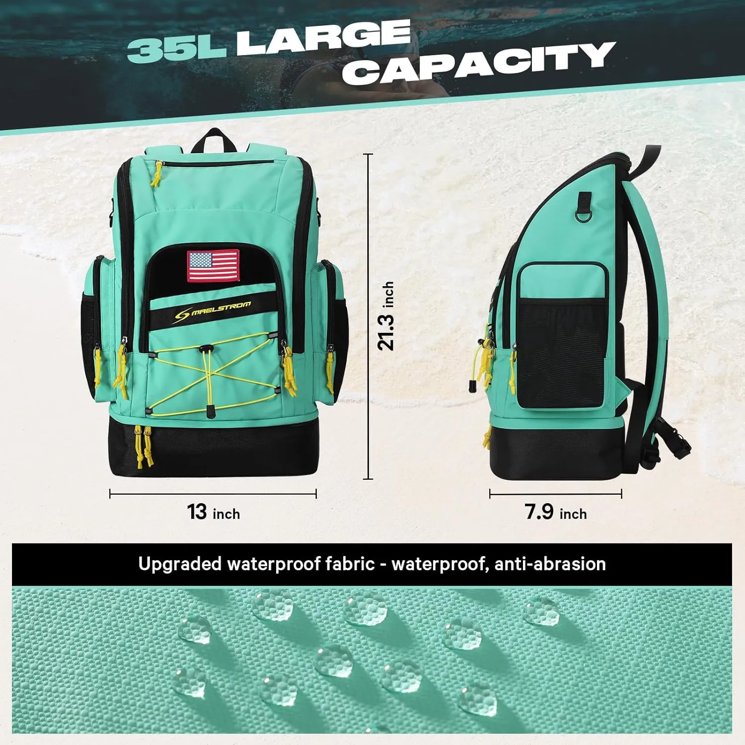 Maelstrom Swim Backpack,35L Swimming bag with Separate Shoes Compartment,Swim Gear Bag,Athlete Gym Rucksack for Men and Women