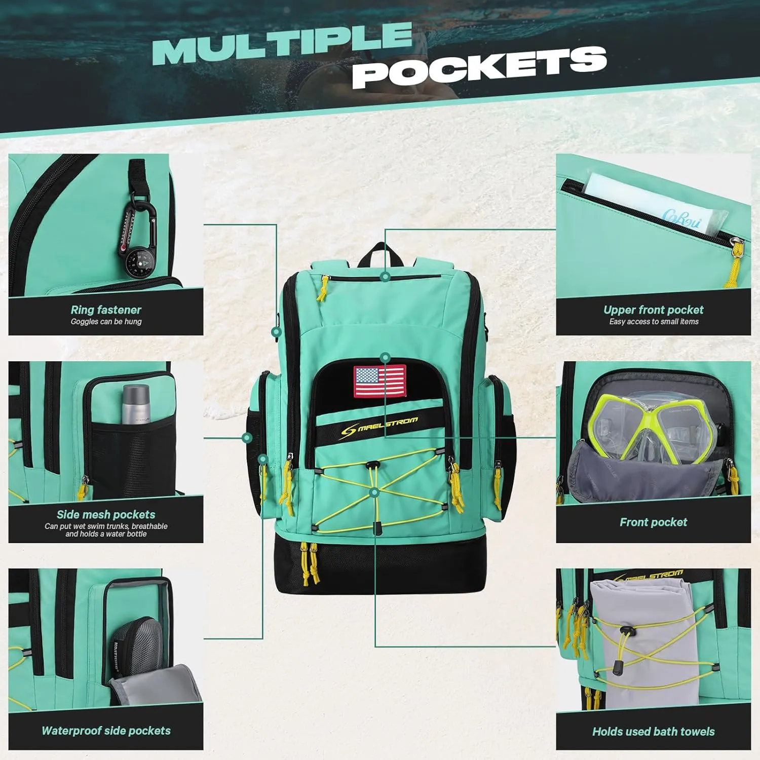 Maelstrom Swim Backpack,35L Swimming bag with Separate Shoes Compartment,Swim Gear Bag,Athlete Gym Rucksack for Men and Women