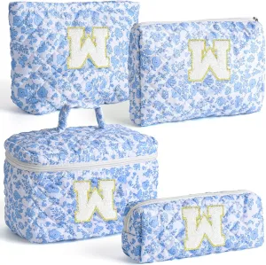 Makeup Bag, 4 Pcs Quilted Makeup Organizer Personalized Initial Gifts for Women Floral Make up Bag Cosmetic Bags Set Travel Toiletry Bag for Girlfriend Teen Girl Gifts Travel Essentials (Blue W)