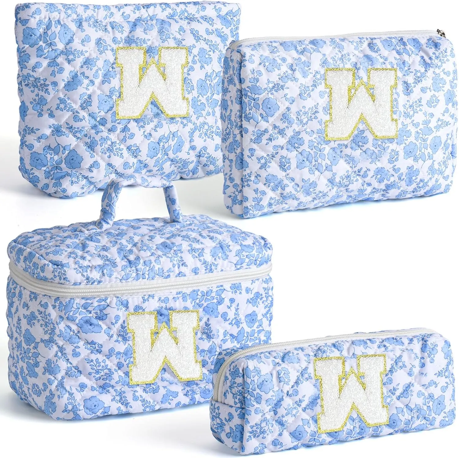 Makeup Bag, 4 Pcs Quilted Makeup Organizer Personalized Initial Gifts for Women Floral Make up Bag Cosmetic Bags Set Travel Toiletry Bag for Girlfriend Teen Girl Gifts Travel Essentials (Blue W)