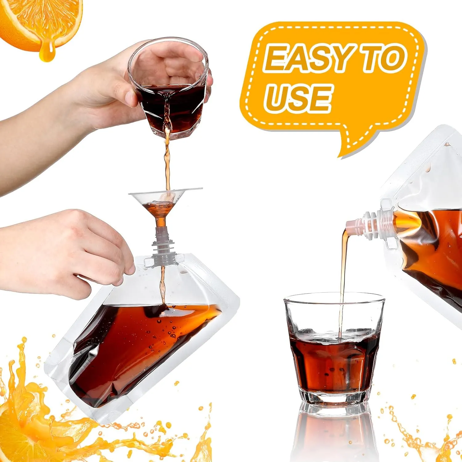 Meanplan 100 Pcs Plastic Pouches Bulk Reusable Squeeze Pouches Clear Juice Drink Bags Leak Proof with Funnel for Adults Travel Beverage Women Men(13 oz,Inclined Mouth)