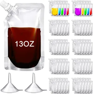 Meanplan 100 Pcs Plastic Pouches Bulk Reusable Squeeze Pouches Clear Juice Drink Bags Leak Proof with Funnel for Adults Travel Beverage Women Men(13 oz,Inclined Mouth)