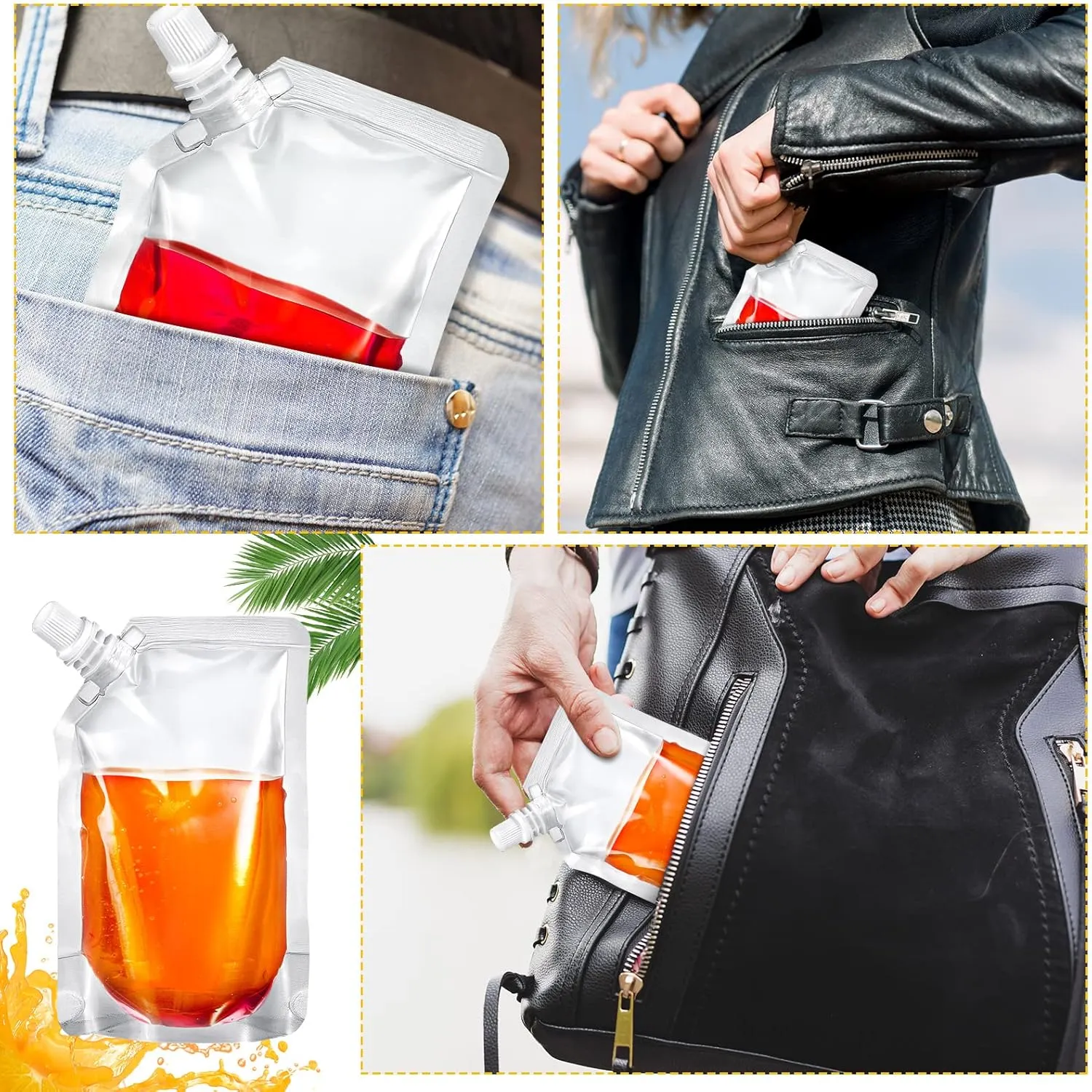 Meanplan 100 Pcs Plastic Pouches Bulk Reusable Squeeze Pouches Clear Juice Drink Bags Leak Proof with Funnel for Adults Travel Beverage Women Men(13 oz,Inclined Mouth)
