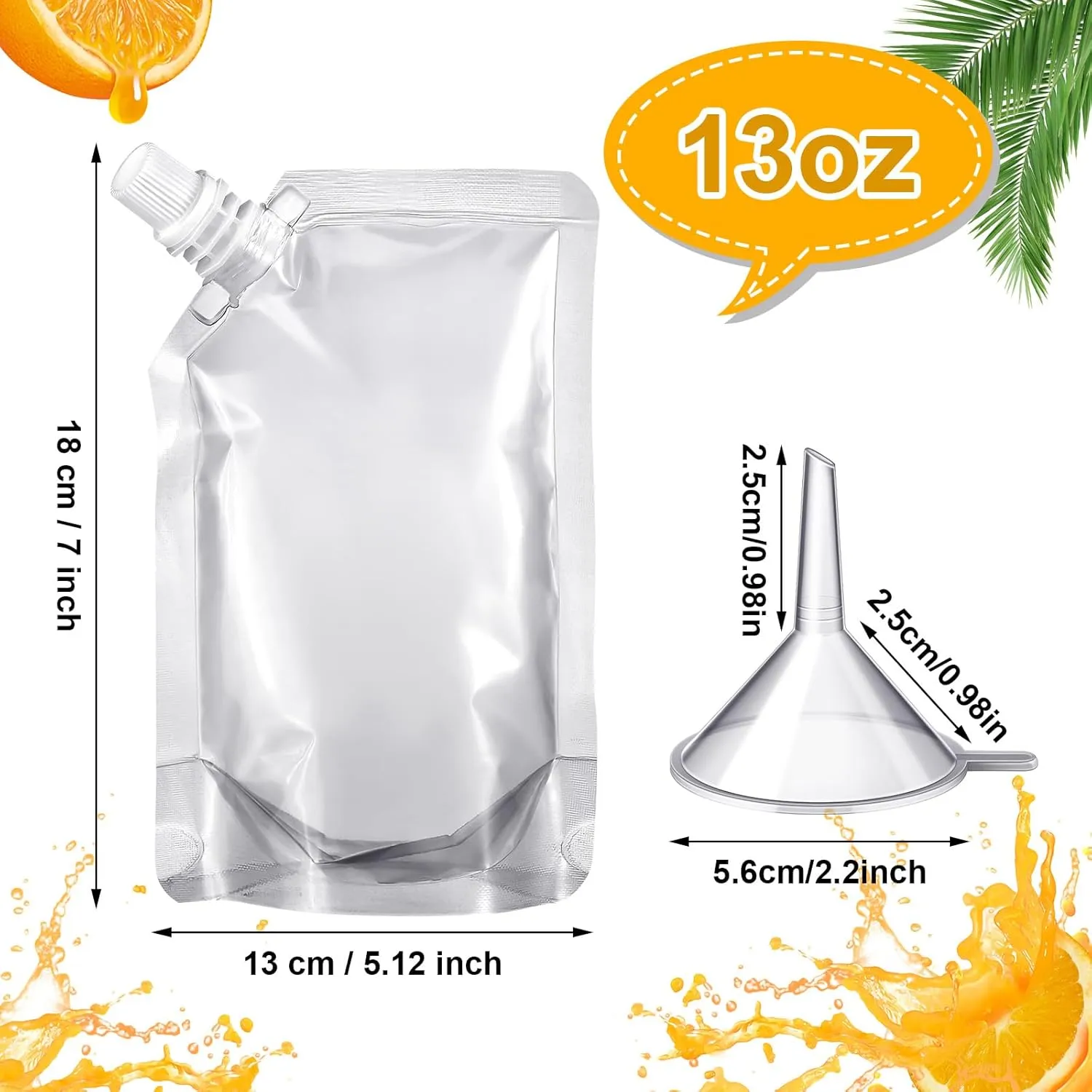 Meanplan 100 Pcs Plastic Pouches Bulk Reusable Squeeze Pouches Clear Juice Drink Bags Leak Proof with Funnel for Adults Travel Beverage Women Men(13 oz,Inclined Mouth)