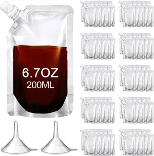 Meanplan 100 Pcs Plastic Pouches Bulk Reusable Squeeze Pouches Clear Juice Drink Bags Leak Proof with Funnel for Adults Travel Beverage Women Men(6.7 oz,Inclined Mouth)