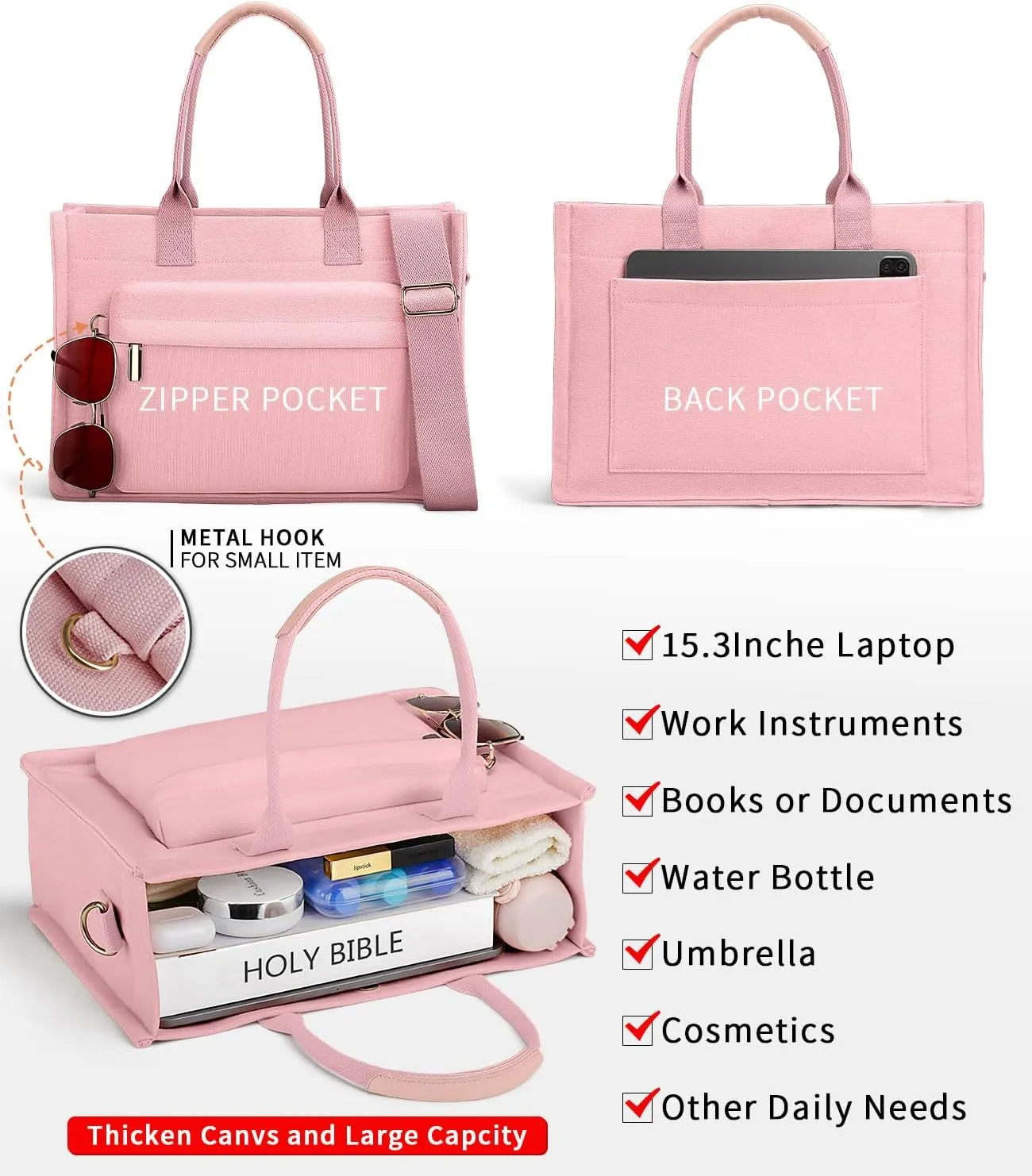 Medium Canvas Tote Bag for Women, Womens Tote Bag for School Bags Travel Crossbody Purse With Zipper Pocket