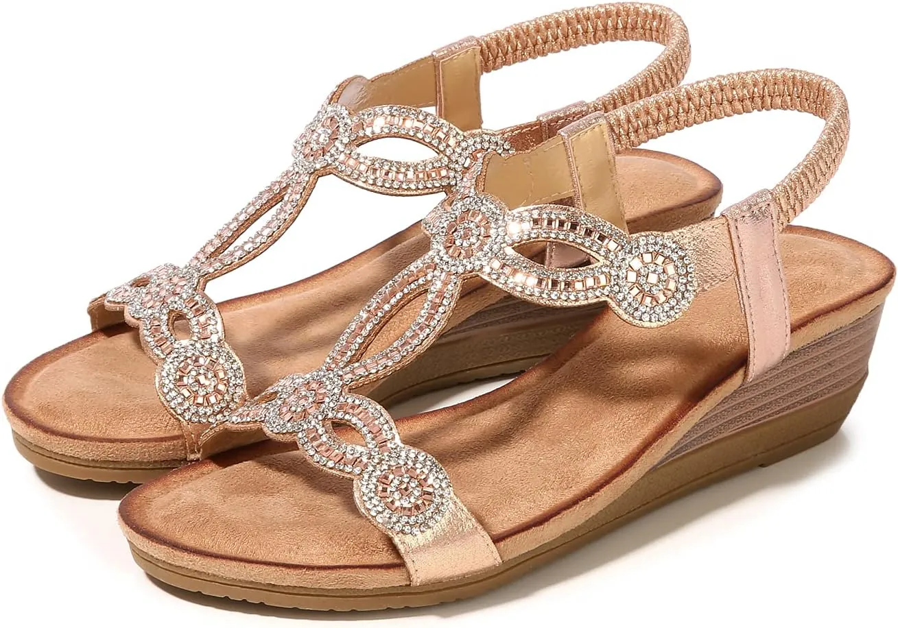Meeshine Women's Wedge Sandals Summer Comfortable Casual Bohemian Beach Rhinestone Platform Shoes