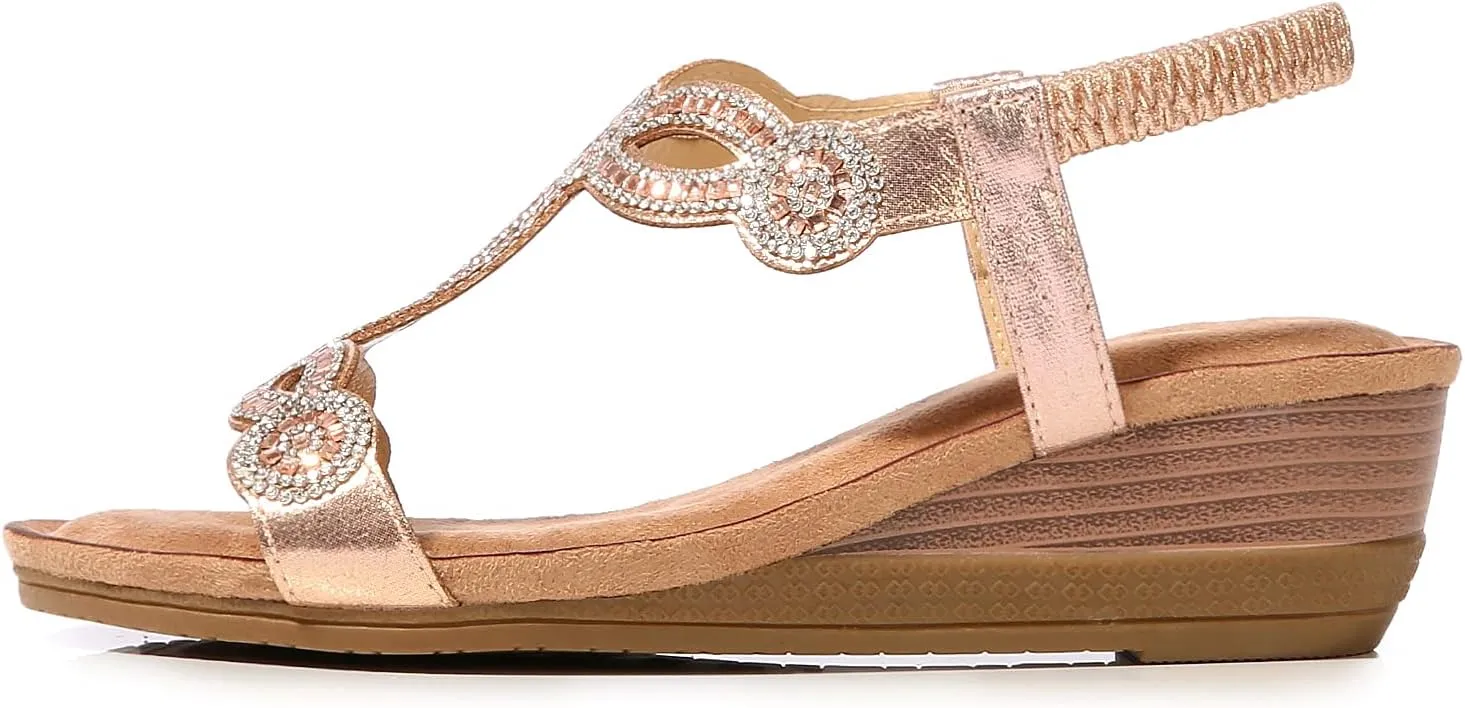 Meeshine Women's Wedge Sandals Summer Comfortable Casual Bohemian Beach Rhinestone Platform Shoes