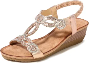 Meeshine Women's Wedge Sandals Summer Comfortable Casual Bohemian Beach Rhinestone Platform Shoes