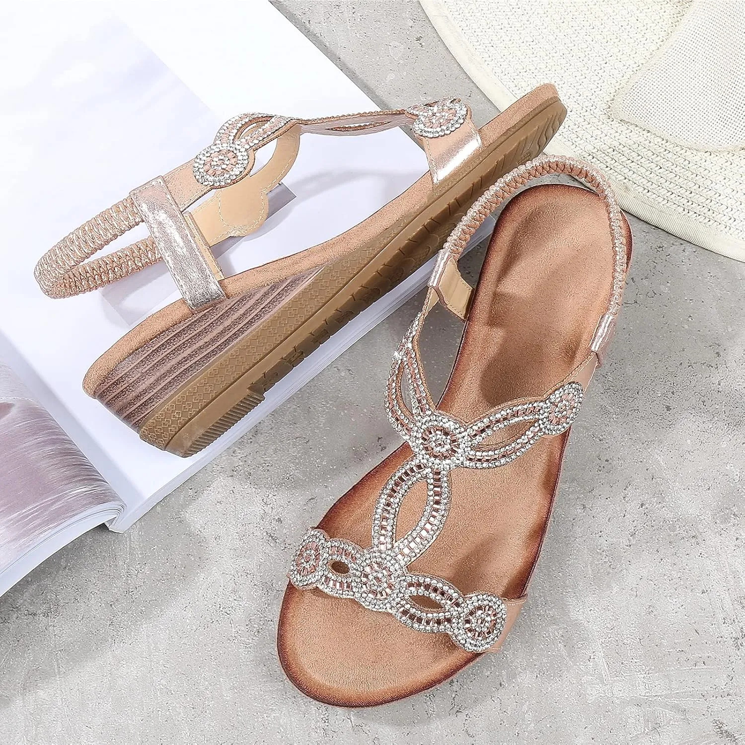 Meeshine Women's Wedge Sandals Summer Comfortable Casual Bohemian Beach Rhinestone Platform Shoes