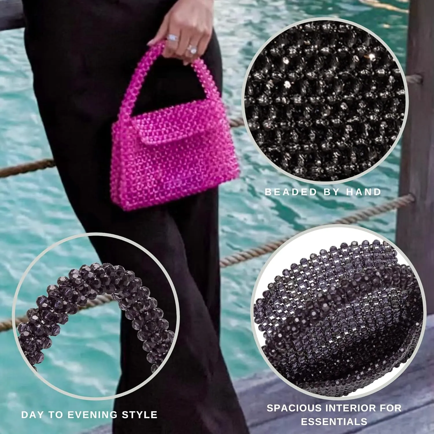 Melie Bianco Sherry Bag - Womens Luxury Beaded Handbag - Fancy Foldover Purse with Top Handle