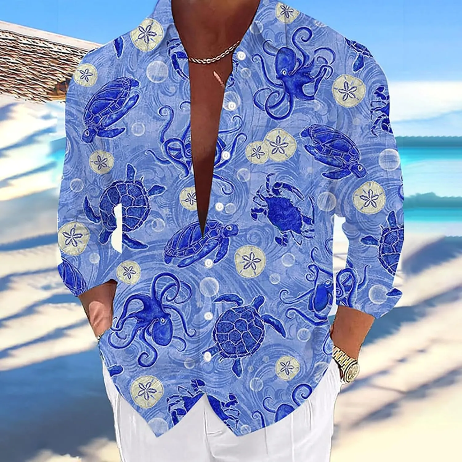 Men Beach Shirts Long Sleeve Button Down Havaiian Casual Summer Big and Tall Tees Fashion Tropical Cuban Graphic Shirt