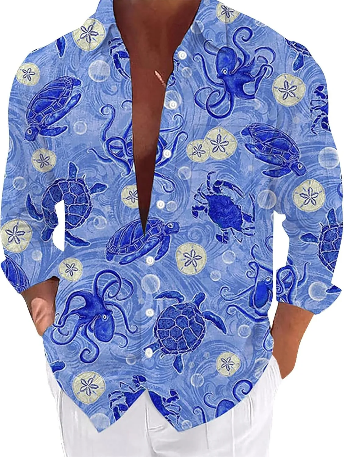 Men Beach Shirts Long Sleeve Button Down Havaiian Casual Summer Big and Tall Tees Fashion Tropical Cuban Graphic Shirt